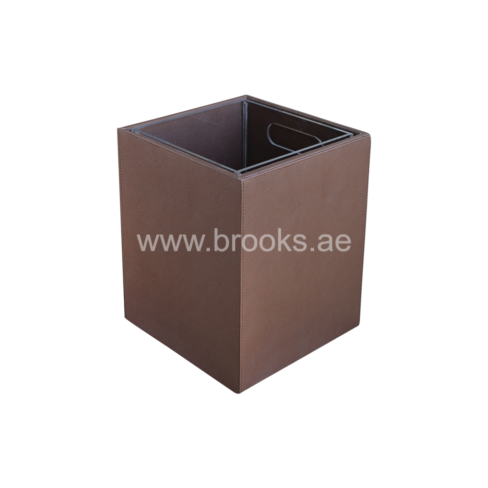 Brooks Room waste leather open bin with acrylic inner barrel