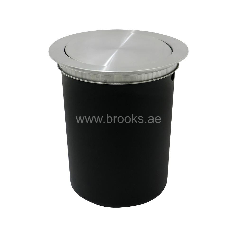 Brooks Round Countertop Recessed Trash Can with Flap Lid Back with Silver Lid 9Ltr