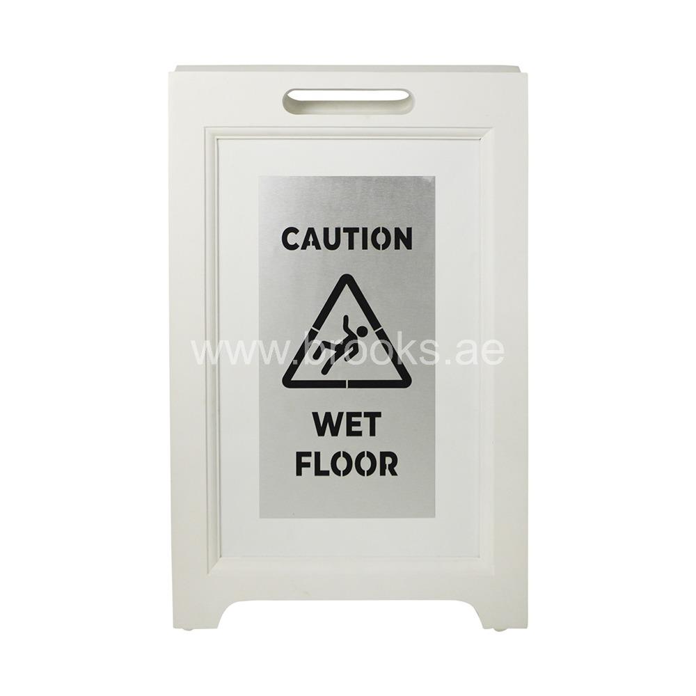 Two Sided Wooden SS Plated Executive Wet Floor Sign White